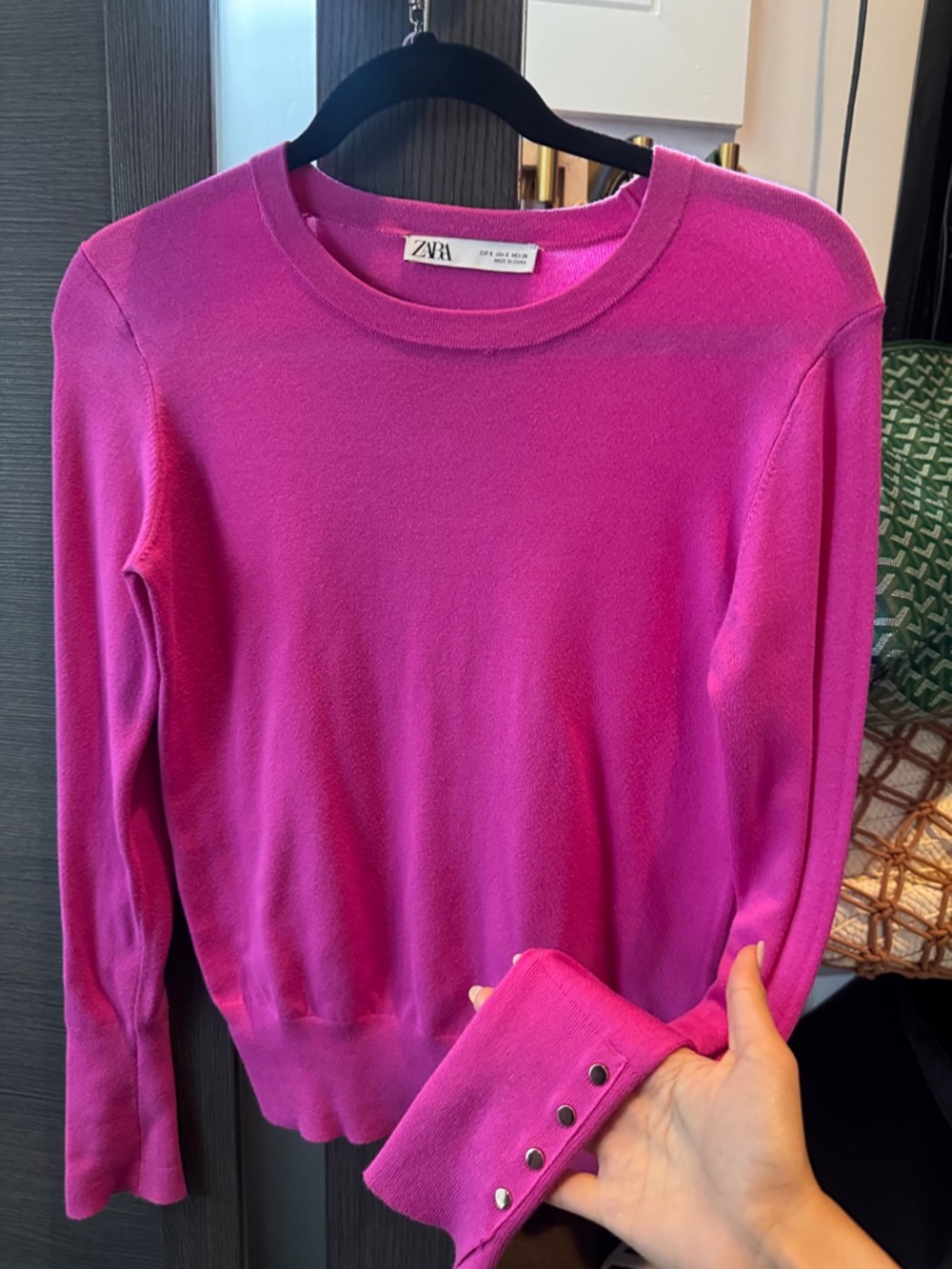 Zara Hot Pink Button-Cuff Crewneck Sweater